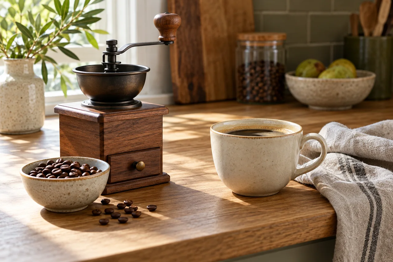 Kaffeemühle, Kaffeebohnen und eine Tasse auf einer Holzarbeitsplatte