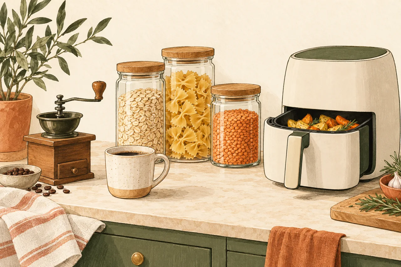 Illustration mit Kaffeezubehör, Vorratsgläsern und Heißluftfritteuse
